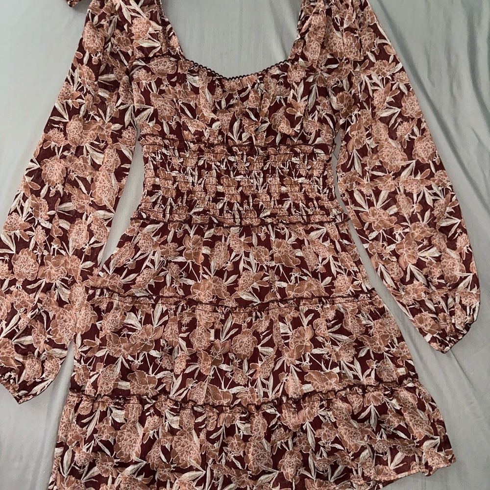 Trixxi Long Sleeve Dress with Floral Pattern in Brown and Cream